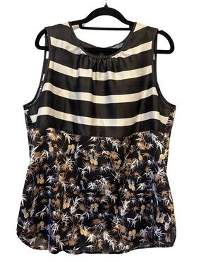 Peter Som Mixed Print Sleeveless Blouse Size L Black Cream Pineapple Pattern Top